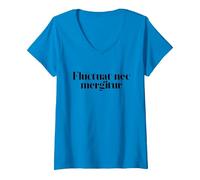 Women's Fluctuat NEC Mergitur, Tossed by The Waves, Paris Motto V-Neck T-Shirt, Sapphire Blue, X-Large