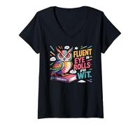 Womens Fluent in Eye Rolls and Sarcasm for Funny Owl Lovers V-Neck T-Shirt