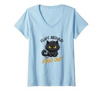Women's Fluff Around and Find Out Grumpy Sarcastic Funny Cat Lover V-Neck T-Shirt