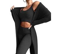 Women's Fluffy 3 Piece Pajamas Set Sexy Warm Fuzzy Fleece Open Front Cardigan Jacket Crop Top Pants Suit Loungewear Home Pajamas Sets for Autumn Winter (Color : Black, Size : XXL)