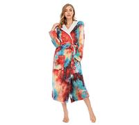 Women's Fluffy Bathrobe with Hood - Women's Long Tie-Dye Dressing Gown Winter Warm House Coat V-Neck Sauna Gown Winter Cotton Hooded Bathrobe Flannel Pyjamas, multicoloured, L