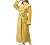 Women's Fluffy Bathrobe without Hood, Dressing Gown with Belt and Pockets, Dressing Gown Full Length Cuddly Fleece House Coat Cosy Sleeping Gown Lightweight Homewear Wide Loungewear, yellow, XL