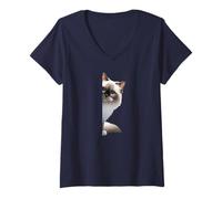 Womens Fluffy Birman Cat with Big Blue Eyes,Peeking from The Corner V-Neck T-Shirt