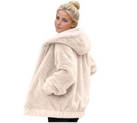 Womens Fluffy Coat Thermal Teddy Bear Fleece Jackets Ladies Double-Sided Fleece Hooded Coat Cozy Faux Fur Overcoat with Pockets & Elastic Hem Spring Fall Winter Warm Plush Jacket Plus Size M-4XL