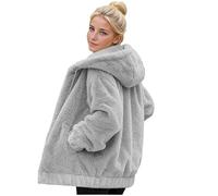 Womens Fluffy Coat Thermal Teddy Bear Fleece Jackets Ladies Double-Sided Fleece Hooded Coat Cozy Faux Fur Overcoat with Pockets & Elastic Hem Spring Fall Winter Warm Plush Jacket Plus Size M-4XL