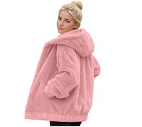 Womens Fluffy Coat Thermal Teddy Bear Fleece Jackets Ladies Double-Sided Fleece Hooded Coat Cozy Faux Fur Overcoat with Pockets & Elastic Hem Spring Fall Winter Warm Plush Jacket Plus Size M-4XL