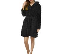 Womens Fluffy Dressing Gown With Hood - Extra Thick Hooded Winter Womens Dressing Gown - Towelling Bath Robes Plus Size Fleece Housecoats Soft Robe With Pockets Winter Loungewear Black
