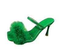 Women's Fluffy Feather Clear Mid Chunky Block Heel Sandals Dress Shoes Slip on