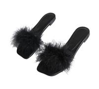 Women's Fluffy Feather Slide Sandals Square Toe Open-Toe Slippers with Faux Fur Strap Ladies Indoor and Outdoor Flat Slides