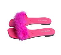 Women's Fluffy Feather Slide Sandals Square Toe Open-Toe Slippers with Faux Fur Strap Ladies Indoor and Outdoor Flat Slides