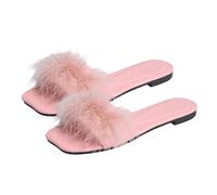 Women's Fluffy Feather Slide Sandals Square Toe Open-Toe Slippers with Faux Fur Strap Ladies Indoor and Outdoor Flat Slides