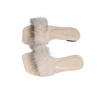 Women's Fluffy Feather Slide Sandals Square Toe Open-Toe Slippers with Faux Fur Strap Ladies Indoor and Outdoor Flat Slides
