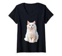 Women's Fluffy Feline Blue Eyes Pet Lover Art V-Neck T-Shirt