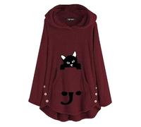 Women's Fluffy Hoodie Black Cat Print Cat Ears Hooded Pullover Coat Casual Winter Warm Jacket Jumper Ladies Fleece Blanket Hoodie