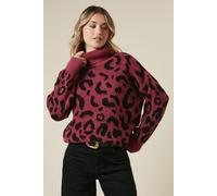 Womens Fluffy Leopard Roll Neck Jumper Dark Pink L