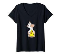Womens Fluffy Llama Holding Pizza Slice V-Neck T-Shirt