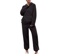 Women's Fluffy Pajamas Sets 2 Piece Loungewear Flannel Sleepwear Casual Loose Hooded Fleece Pullover Lounge Pants Plush Thick Winter Nightwear Teddy Bear Hoodies Pajama PJs Set with Pocket