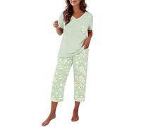 Womens Fluffy Pyjamas 2 Piece Short Sleeve Floral Print Pyjama Set Soft Comfy Cotton V Neck Loungewear Tops and Capri Pants with Pockets Lightweight Breatheable Sleepwear Nightwear Green