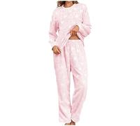Women's Fluffy Pyjamas Set Fleece Pullover Lounge Pants Loose Plush Fuzzy Sleepwear 2 Piece Pjs Sets Winter Warm Flannel Loungewear Teddy Cosy Nightwear Sherpa Thicken Love Heart Print PJ Set Pink