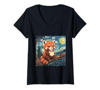 Women's Fluffy Red Panda Holding Tea Cup Van Gogh Starry Night Art V-Neck T-Shirt