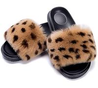 Womens Fluffy Sliders,Rabbit Plush EVA Sole Fashion Plush Flip-Flops Super Fluffy Non-slip Wear-resistant Sole Fur Slides with Arch Support Open Toe Flat Sandals for Indoor Outdoor Flat Slippers