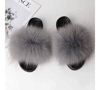 Womens Fluffy Slippers,Plush Upper Rubber Sole Slippers Sandals Artificial Short Plush Trim Slider Open Toe Flat Sandals Non-slip Wear-resistant Sole for Indoor Outdoor Fashion Plush Flip-Flops
