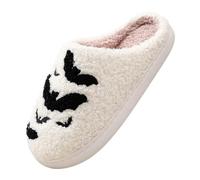 Women's Fluffy Slippers Winter, Plush Memory Foam Slippers Women, Bat Pattern Comfy Warm House Slippers for Women Men Beige