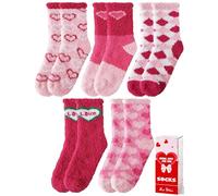Womens Fluffy Socks Warm Cosy Winter Slipper Thick Crew Fleece Comfy Sleep Plush Heart Socks 5 Pairs Christmas Stocking Fillers (Pink Love Candy Color,M)