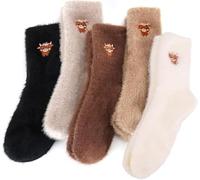 Womens Fluffy Thermal Socks, 5 Pairs Soft Fuzzy Bed Socks for Winter Warmth, Highland Cow Print Cozy Gift Set for Women, Valentine's Day, Mother's Day Gifts For Ladies Home Sleep