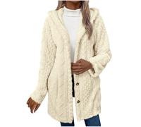Womens Fluffy Thick Cardigans with Hood Winter Fleece Jacket Longline Outdoor Thermal Long Sleeve Fuzzy Wool Coats Plus Size Casual Elegant Ladies Overcoat Long Cardigan Beige
