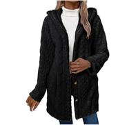 Womens Fluffy Thick Cardigans with Hood Winter Fleece Jacket Longline Outdoor Thermal Long Sleeve Fuzzy Wool Coats Plus Size Casual Elegant Ladies Overcoat Long Cardigan Black