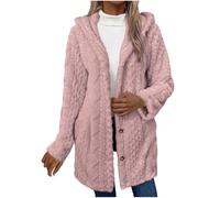 Womens Fluffy Thick Cardigans with Hood Winter Fleece Jacket Longline Outdoor Thermal Long Sleeve Fuzzy Wool Coats Plus Size Casual Elegant Ladies Overcoat Long Cardigan Pink