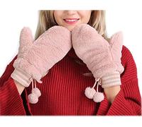 Women's Fluffy Winter Thickened Velvet Gloves With Hanging Balls Super Warm Plush Padded Gloves Mittens With Anti-Lost String Play Phone Opening for Teenage Girls Ladies, Pink