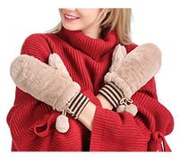 Women's Fluffy Winter Thickened Velvet Gloves With Hanging Balls Super Warm Plush Padded Gloves Mittens With Anti-Lost String Play Phone Opening for Teenage Girls Ladies, Khaki