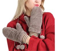 Women's Fluffy Winter Thickened Velvet Gloves With Hanging Balls Super Warm Plush Padded Gloves Mittens With Anti-Lost String Play Phone Opening for Teenage Girls Ladies, Coffee
