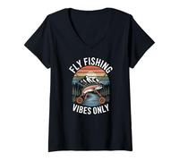 Women's Fly Fishing Vibes Only Trout River Mountain V-Neck T-Shirt