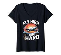 Womens Fly High Study Hard Aviation Student Motivation V-Neck T-Shirt