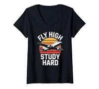 Womens Fly High Study Hard Aviation Student Sunset V-Neck T-Shirt