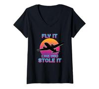 Womens Fly It Like You Stole It Retro Airplane Pilot V-Neck T-Shirt