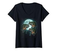Women's Flying Bass Fish Under The Terrestrial Moon for Fish Lovers V-Neck T-Shirt