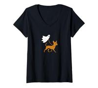 Womens Flying Ghost Walking Dachshund Doxie Weiner Dog Mom Dad Pet V-Neck T-Shirt