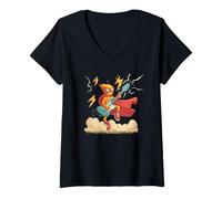 Women's Flying Hero with Guitar and Cape for a Cool Look V-Neck T-Shirt
