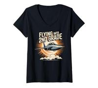 Womens Flying Into 2nd Grade Back To School Jet Fighter Graphic V-Neck T-Shirt
