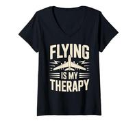 Women's Flying is My Therapy Funny Pilot V-Neck T-Shirt