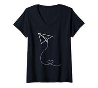 Women's Flying Paper Airplane Trail Heart | Cool Paper Plane Lover V-Neck T-Shirt, Black, X-Large