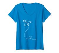 Women's Flying Paper Airplane Trail Heart | Cool Paper Plane Lover V-Neck T-Shirt, Sapphire Blue, X-Large