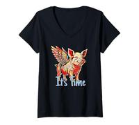 Womens Flying Pig It’s Time Illustration Funny Colorful Winged Art V-Neck T-Shirt