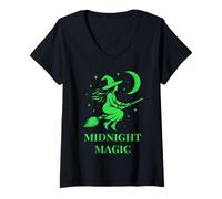 Womens Flying Witch Aesthetic Halloween Samhain Art and Moon Magic V-Neck T-Shirt