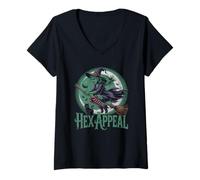 Womens Flying Witch with Black Cat and Bats Under Full Moon V-Neck T-Shirt
