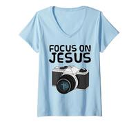 Womens Focus On Jesus, Christian Photographer, Retro Camera Church V-Neck T-Shirt